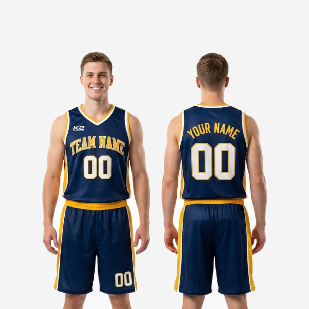 Custom Navy Blue Basketball Uniform for School Programs - Gold Set