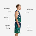 Back view of custom navy blue basketball uniform with teal gradient showing player name arc and back number in white