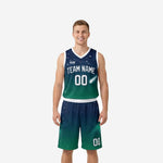 Custom navy blue basketball uniform with teal galaxy gradient, white star scatter, and matching shorts - full set front view