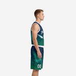 Men's custom navy blue basketball uniform showing arched team name, front number 00, and comet graphic on teal gradient jersey