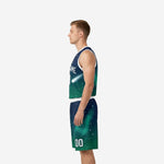 Side view of custom navy and teal galaxy basketball uniform set showing V-neck binding, armhole edge, and shorts waistband
