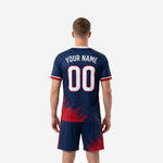 Navy Blue and Crimson custom soccer team uniform front detail showing team name, number placement and crew neck trim