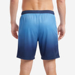 Detail of white sublimated side stripe on custom navy blue gradient soccer shorts for club and school teams
