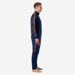 Custom Navy Blue and Orange soccer tracksuit left side view displaying continuous orange dash-stripe tape from shoulder to ankle