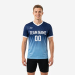 Custom Navy Blue and Sky Blue gradient soccer training jersey front view with team name and number print on male model