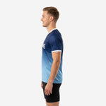 Custom Navy Blue to Sky Blue soccer training jersey right side view showing white V-neck collar and sleeve cuff trim