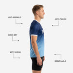 Back view of custom blue and white training jersey showing player name and back number print zones