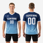 Sleeve cuff detail on custom Navy Blue and Sky Blue gradient soccer training jersey with white double-stitched trim