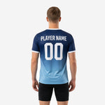 Close-up of white V-neck collar trim on custom navy and sky blue sublimated soccer training jersey