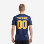 Custom Navy Blue soccer jersey with full-dye sublimation geometric print and Athletic Gold lettering front detail