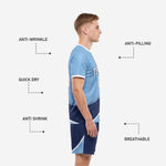 Custom navy blue soccer shorts with sublimated light blue arc detail and white contrast stripe at hem