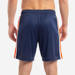 Elastic waistband with orange drawcord on custom navy blue soccer shorts, detail view