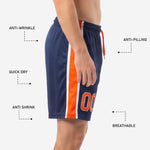 Orange drawcord and waistband detail on custom navy blue soccer shorts with sublimated side panels