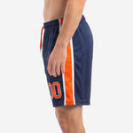 Custom navy blue soccer shorts with large orange player number and contrast side panel, alternate side view