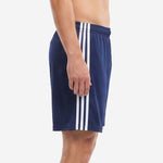 Custom navy blue soccer shorts showing triple white side stripe sublimated from waistband to hem, left side view