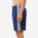 Custom navy blue soccer shorts with white contrast side stripe, right side view showing athletic cut and straight hem