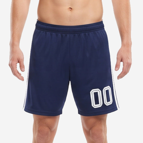 Custom navy blue soccer shorts with white side stripes and sublimated number 00 on left leg, front view on male model