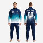 Custom navy blue soccer tracksuit full 2-piece set back view showing sublimated galaxy print