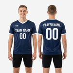 Full body view of custom navy blue soccer training jersey showing athletic fit and full-dye sublimated print