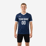 Custom navy blue soccer training jersey with white V-neck trim and team name print on chest, mens front view