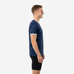 Custom blue soccer training jersey side view showing athletic cut and white sleeve cuff contrast trim