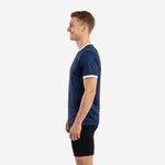 Mens custom navy soccer training jersey side profile showing geometric sublimated pattern and hem length