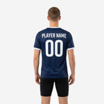 Close-up of V-neck collar detail on custom blue soccer training jersey with white contrast binding