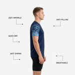 Custom navy blue soccer training jersey crew neckline and shoulder construction detail, back view showing back number placement zone
