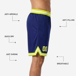 Back view of custom navy basketball shorts with gold panels for travel teams and club programs in youth and adult sizes