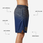 Detail close-up of gold hexagon grid sublimation fade on navy basketball shorts showing color depth and cell structure