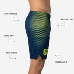 Close detail of lime-yellow hexagon sublimation pattern on navy custom basketball shorts side panel
