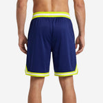 Custom navy and gold basketball shorts opposite side view showing side panel detail and elastic waistband construction