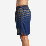 Opposite side view of navy and gold custom basketball shorts showing elastic waistband and clean hem finish