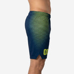 Side view of custom navy and gold basketball shorts showing full hex pattern fade and side split at hem