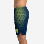 Right side view of sublimated navy and gold team basketball shorts with hexagon panel detail