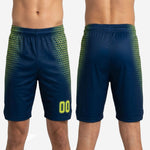 Size and spec chart for custom navy and gold basketball shorts in youth and adult roster sizing