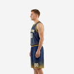 Left side view of navy and gold sublimated basketball uniform set showing clean side panels and gold elastic waistband detail