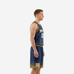 Side view of custom navy and gold basketball uniform showing V-neck binding armhole trim and diamond fade shorts hem on male model