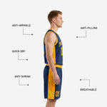 Back view of custom navy and gold basketball uniforms displaying back number placement and gold side panel continuity on shorts
