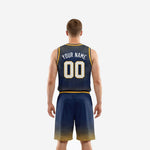 Back view of custom navy and gold basketball uniforms showing player name and number placement on the jersey and shorts