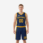 Custom navy and gold basketball uniforms full set with V-neck jersey and matching shorts showing team name arc and front number