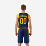 Opposite side view of navy and gold basketball uniform set with gold armhole binding and matching shorts waistband detail