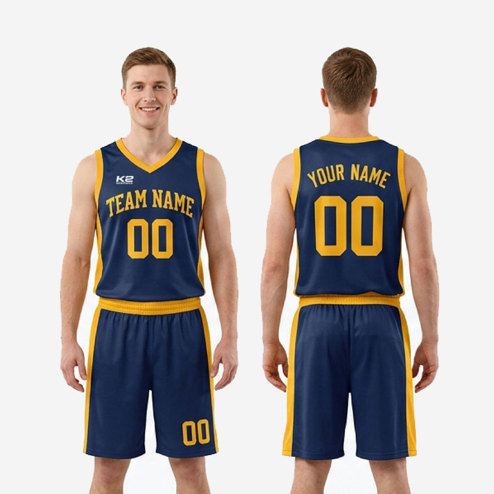 Full Print Custom Navy and Gold Basketball Uniforms - Navy Gold
