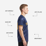 Custom royal blue soccer jersey V-neckline with Athletic Gold trim and K2 Sportswear badge close up detail