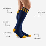 Heel and toe detail of custom navy blue soccer socks showing Athletic Gold reinforced heel cup and toe box construction