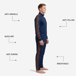 Custom navy and gold soccer tracksuit jacket detail showing stand collar full-zip front and sublimated left chest player number and team logo zones