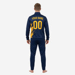 Close detail of custom navy blue soccer tracksuit jacket with stand collar, full zip, and Athletic Gold sublimated brush-stroke panel