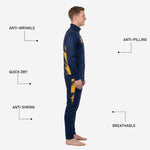 Tapered navy soccer tracksuit pants with Athletic Gold sublimated side panel and ribbed ankle cuffs, part of 2-piece custom set