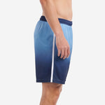 Side view of custom navy gradient soccer shorts showing white side stripe running full seam length