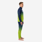 Custom navy and green soccer tracksuit left side view showing gradient fade from navy collar to lime green ankle on jacket and pants